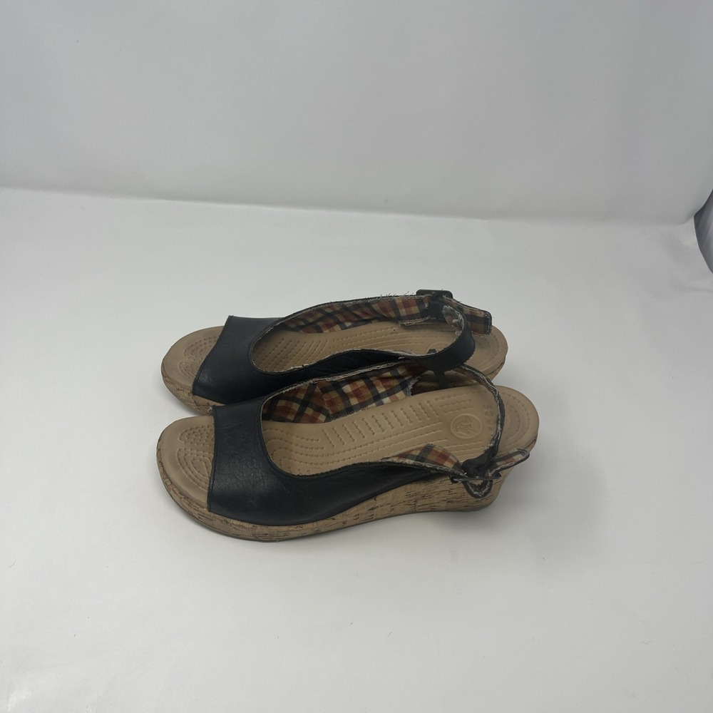 Crocs A-Leigh Sling Back Cork Wedges Black Sandals Sz 8